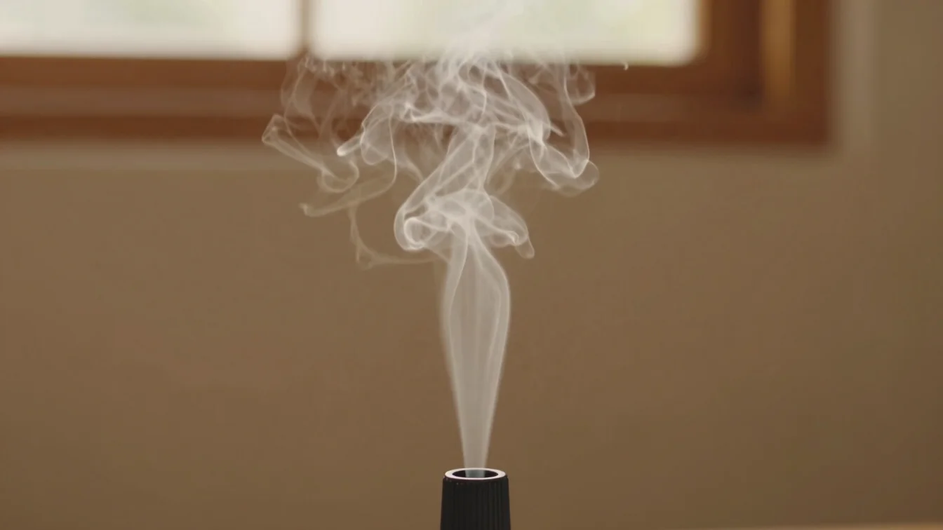 特寫鏡頭下的香薰機,細緻的白色水霧緩緩升起,背景是柔和的木質紋理和溫暖的晨光,淺景深