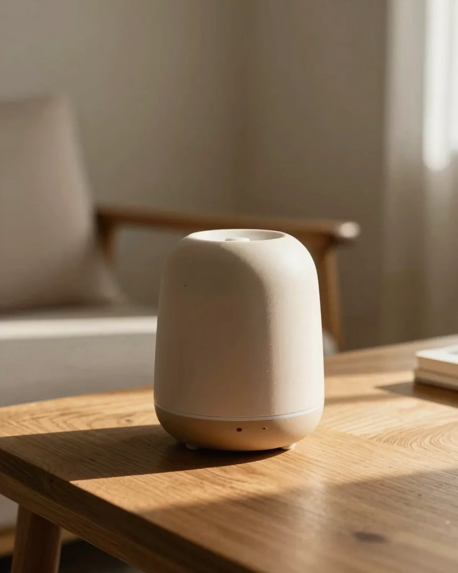 A minimalist ceramic essential oil diffuser in muted beige on an oak wood table, soft morning sunlight, serene cozy inte