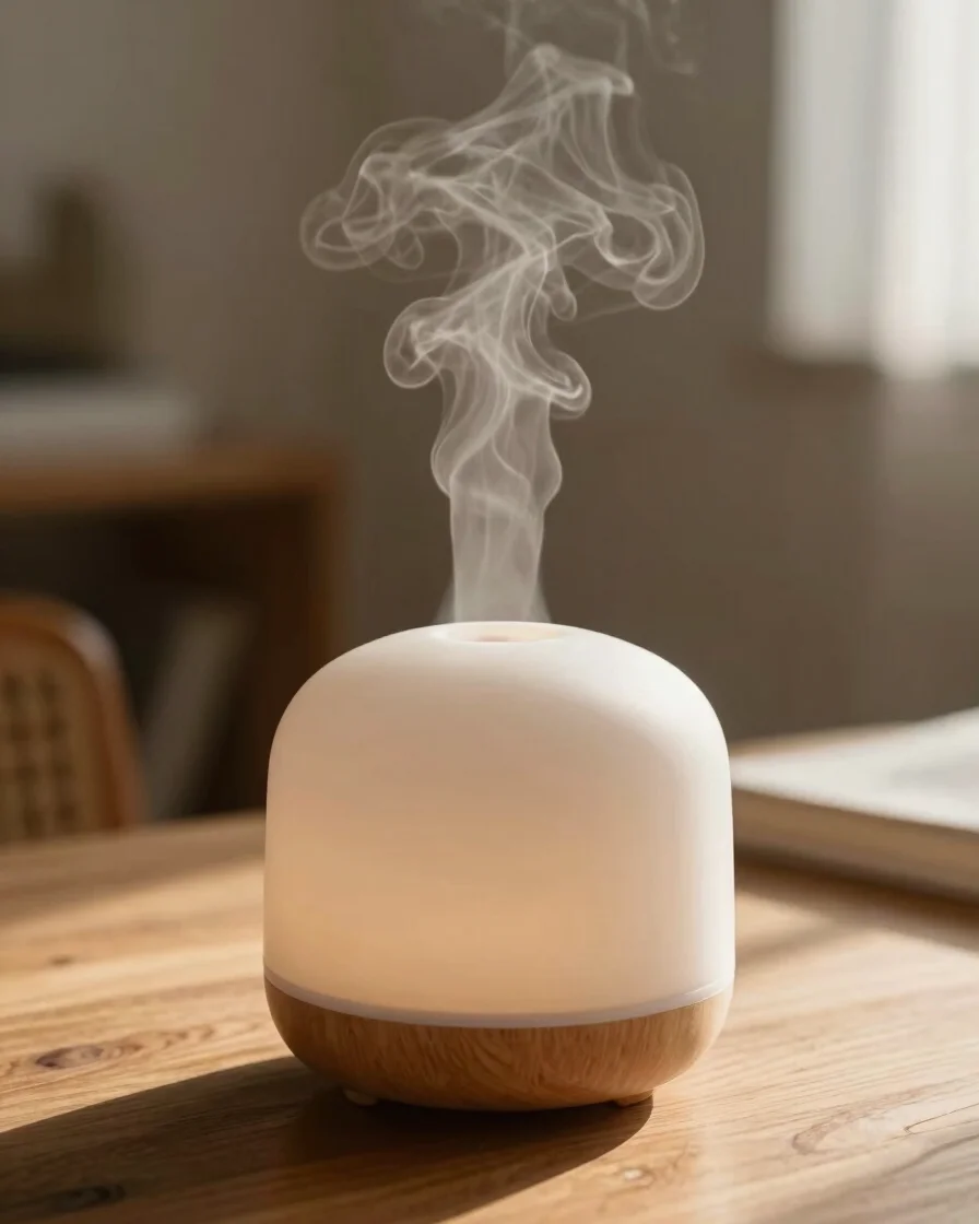 Close up shot of fine vapour mist rising from a minimalist ceramic diffuser on a warm wooden desk, soft warm sunlight, s