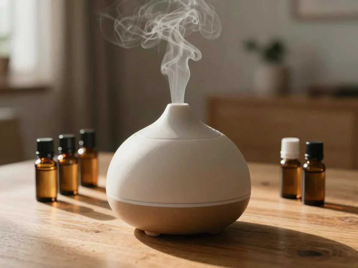 Close-up of a ceramic essential oil diffuser with gentle mist rising, surrounded by small amber essential oil bottles on
