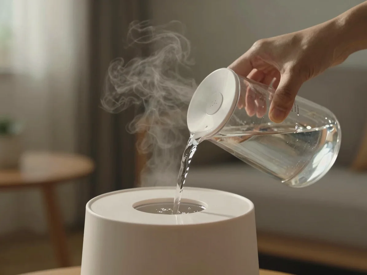 Close-up of a hand pouring purified water into a minimalist humidifier tank, soft morning light, cozy interior backdrop,