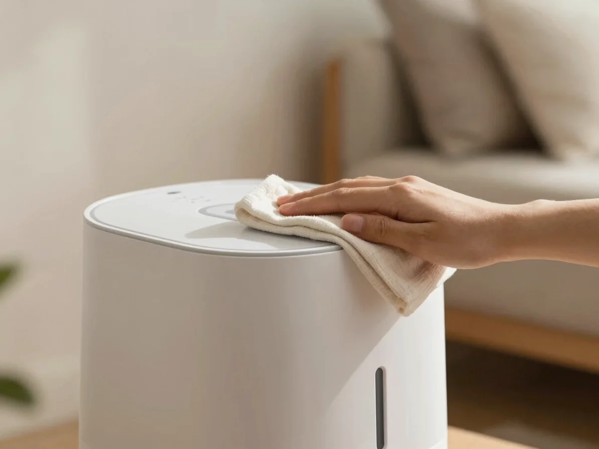 Close-up of a soft cloth gently wiping the exterior of a sleek white humidifier, soft morning light, minimalist home dec