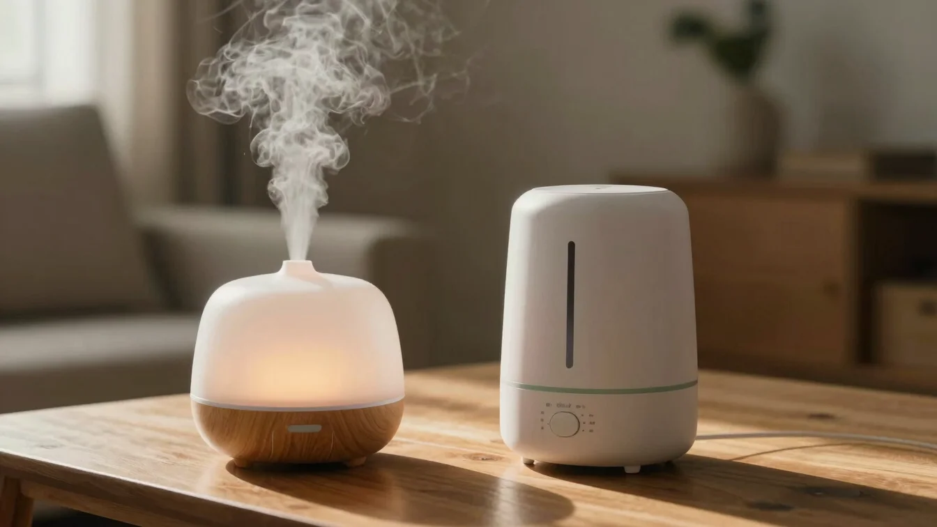 Aroma diffuser emitting fine mist next to a sleek humidifier on a