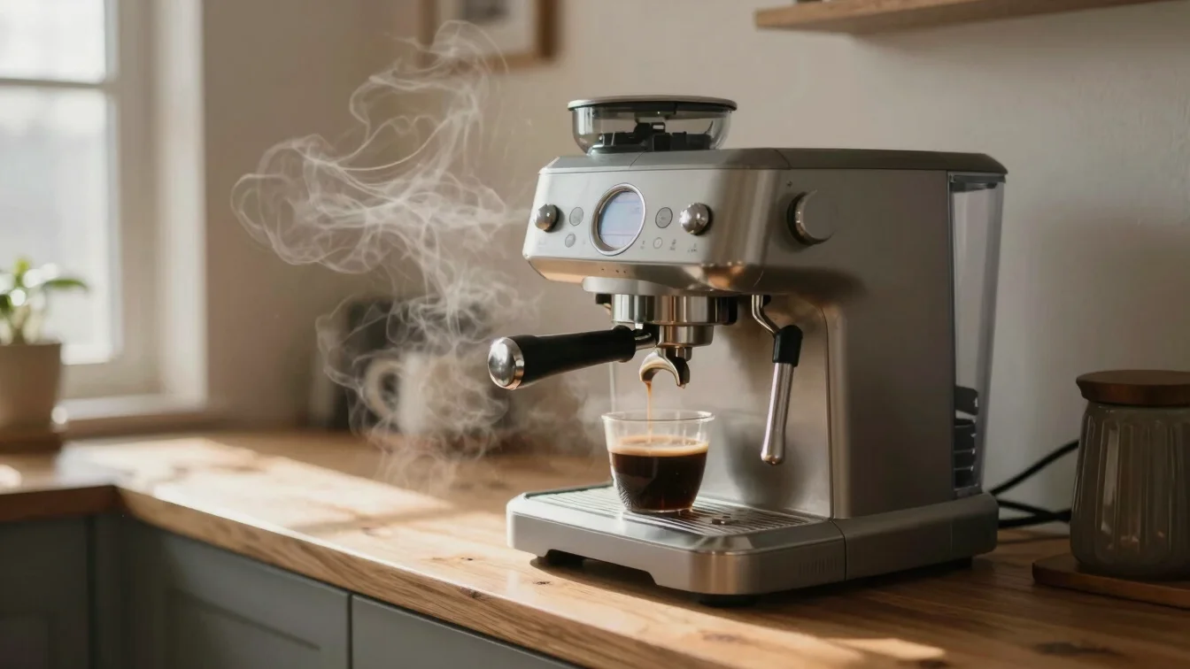 Coffee machine brewing on a warm wooden counter, steam rising, so